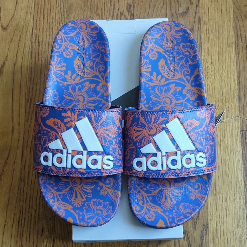 NIB FARM Rio Slide Sandals Adidas Collab Vibrant Blue Floral Women's Size 8